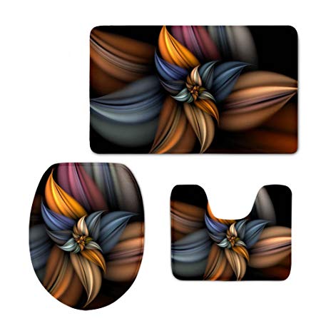 HUGS IDEA Art Floral Design 3 Piece Bath Rugs Set with Rug/Contour/Lid Cover for Bathroom