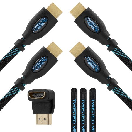 Twisted Veins Two (2) Pack of (15 ft) High Speed HDMI Cables   Right Angle Adapter and Velcro Cable Ties (Latest Version Supports Ethernet, 3D, and Audio Return)