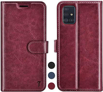 NJJEX Samsung Galaxy A51 Case, for Galaxy A51 Wallet Case, RFID Blocking PU Leather Folio Flip ID Credit Card Slots Holder [Kickstand] Magnetic Closure Phone Cover for Samsung A51 [Wine Red]