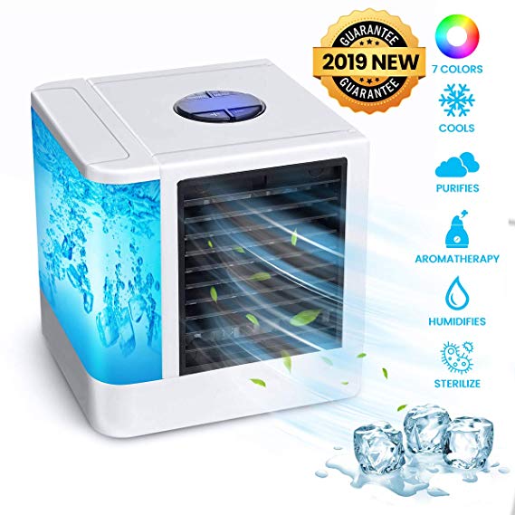 OUTERDO Air Cooler, Portable Air Conditioner, Humidifier, Purifier Portable Mini Air Conditioner, USB Cooler 7 Colors LED Night for Personal Space