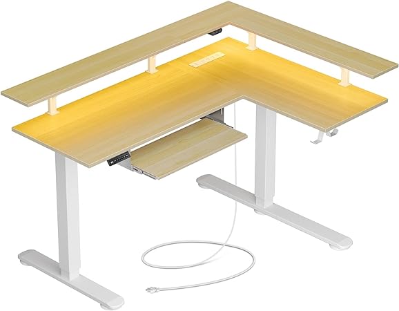 Rolanstar Standing Desk, Dual Motor L Shaped Height Adjustable Desk with LED Lights and Charging Station, 61 x 46 inch Electric Sit Stand Desk, Beige Corner Home Office Desk with Monitor Shelf