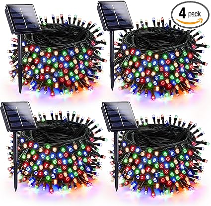 4-Pack 180FT Solar Christmas Lights Outdoor Waterproof, Super Bright 320 LED Solar String Lights with 8 Lighting Modes, Green Wire Twinkle Solar Tree Lights for Xmas Party Garden Decor (Multicolor)