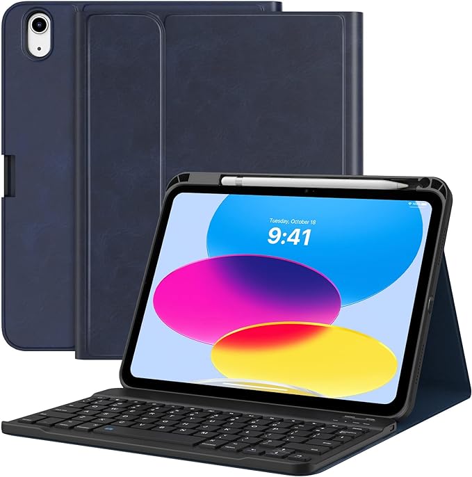 MoKo Keyboard Case for iPad 10th Generation Case with Keyboard, iPad 10th Generation Keyboard with Pencil Holder, Multi-Angle Detachable Bluetooth Keyboard for iPad 10th Generation, Navy Blue