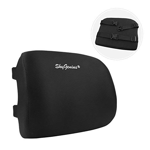 SkyGenius Back Cushion Lumbar Support Pillow for Car Office Chair, W/100% Pure Memory Foam, Slip-Proof Design W/Dual Adjustable Strap. Orthopedic Design for Back Pain Relief Correct Posture