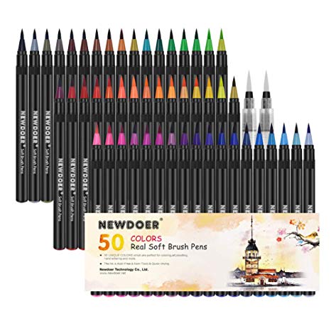 Newdoer 50 Colours Real Soft Brush Pens Set 100% Non-Toxic Odorless Marker Pens Drawing Pens for Drawing Supplies Painting Manga Comic Adult Colouring Books - with 2 Free Water Paintbrush