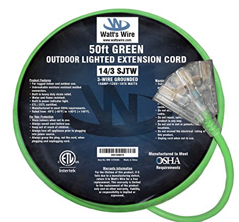 50ft 14 Gauge Heavy Duty Indoor/Outdoor SJTW Lighted Triple Outlet Extension Cord by Watt's Wire - 50' 14/3 Rugged Lighted Grounded Pigtail Power Cord - 14AWG 125Vac 15Amp 1875Watt