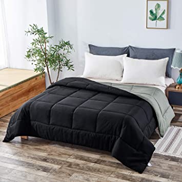 Equinox All-Season Black/Grey Quilted Comforter - Goose Down Alternative - Reversible Duvet Insert Set - Machine Washable - Plush Microfiber Fill (350 GSM) Twin 68 x 86 Inches