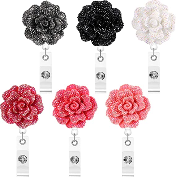 6 Pieces 24 Inch Retractable Badge Reels, Glitter Rose ID Badge Holder with 360 Degree Rotatable Alligator Clip, Name Badge Clip Reel with Retractable Cord, 6 Colors