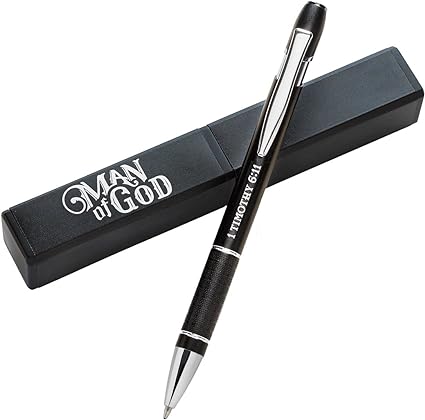 Christian Art Gifts Man Of God Black Stylish Classic Ballpoint Pen in Matching Gift Case - 1 Timothy 6:11 Bible Verse Refillable Retractable Medium Black Ink for Journal, Planner, Writing, Notes