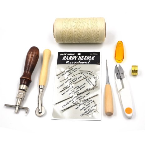 Angelakerry 1set (7pcs) Leather Carft Hand Basic Hand Stitching Sewing Tool Set Kit Thread Awl Waxed Thimble