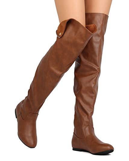ShoBeautiful Women Over The Knee Flat Boots Snap Cuff Back Zipper Fashion Long Boots