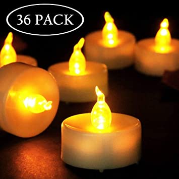 36 Pack Flameless Battery Operated Tea Lights, AMAGIC Small Electric Tealight with Amber Yellow Flickering Bulb, LED Plastic Candle for Holiday & Home Decoration, Dia 1.4” x 1.3"