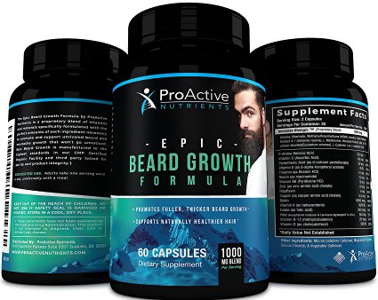 Epic Beard Growth Formula-by ProActive Nutrients. All Natural Thicker and Fuller Beard & Hair Grow Support for Men with 5000 mcg of Biotin & Vitamins for Full, Thick, Fast Growing Formula. Made In USA