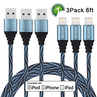 Xcords(TM) 3Pack 6Ft Nylon Braided 8 Pin Lightning to USB Cable Data Syncing Cord Compatible with iPhone 7/ 7 Plus/6/ 6 Plus/ 6s/ 6s Plus /5/5s/5c/SE/iPad/iPod/Beats Pill (Blue)