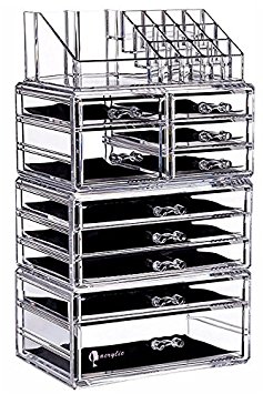 Cq acrylic 10 Drawers and 16 Grid Makeup Organizer,9.5"x6.5"x14.5",Clear,Pack of 1