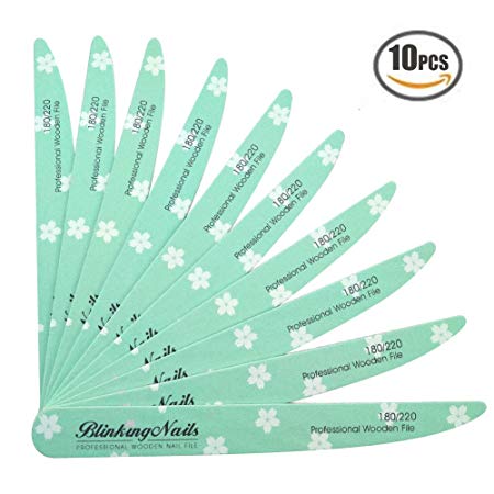10pcs Nail File 180 220 Grit Professional Wooden Two Sided for Natural Nails, Washable Durable Dustless Emery Board Nail Files for Nail Art DIY or Nail Manicure Salon