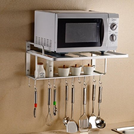 Space Aluminum Microwave Oven Wall Bracket Double Rack with Removable Hooks (L)