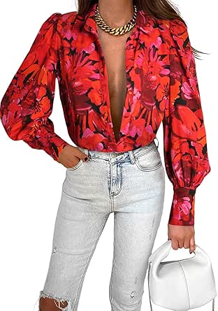 Zeagoo Womens Shirts Button Down Printed Lantern Long Sleeve Blouse Fashion Casual Tops 2024