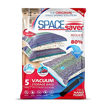 Spacesaver Premium Vacuum Storage Bags. 80% More Storage! Hand-Pump for Travel! Double-Zip Seal and Triple Seal Turbo-Valve for Max Space Saving! (Small 5 pack)