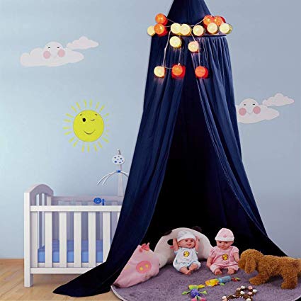 LEDUNUS Princess Bed Canopy Mosquito Net for Kids Baby Bed, Round Dome Kids Indoor Outdoor Castle Play Tent Hanging House Decoration Reading Nook Cotton Height 240cm / 94.9inch (Midnight Blue)