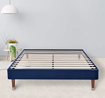 Allewie Velvet Upholstered Full Size Platform Bed Frame, 13 Inch Mattress Foundation with Wood Slat Support, No Box Spring Needed, Quick and Easy Assembly, Navy Blue