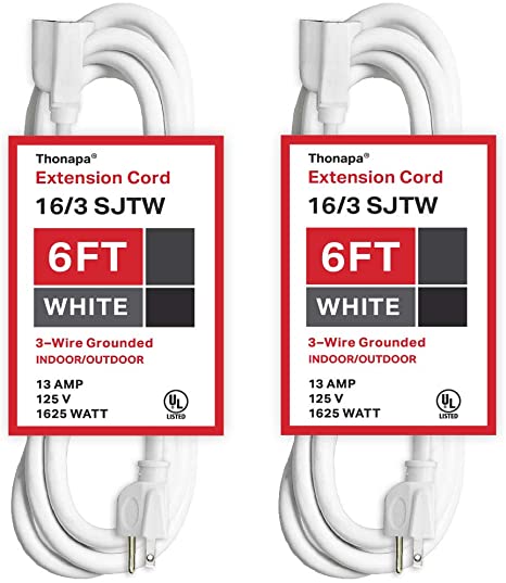 Thonapa 2 Pack of 6 Ft White Extension Cords - 16/3 Durable Indoor Outdoor Electrical Cable with 3 Prong Grounded Plug for Safety