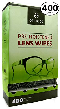 Pre-Moistened Lens Cleaning Wipes - 400 Cloths - Safely Cleans Glasses, Sunglasses, Camera Lenses, and Electronic Quickly & Efficiently - Travel - By Optix 55