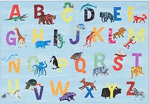 Eric Carle Elementary Blue Alphabet Kids Machine Washable Area Rug Blue/Orange, 6'6"x9'5"