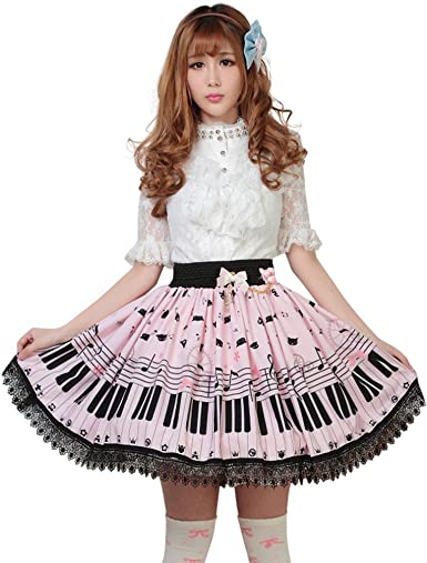 Hugme Pink Polyester Lace Piano Keybord Printed Lolita Skirt