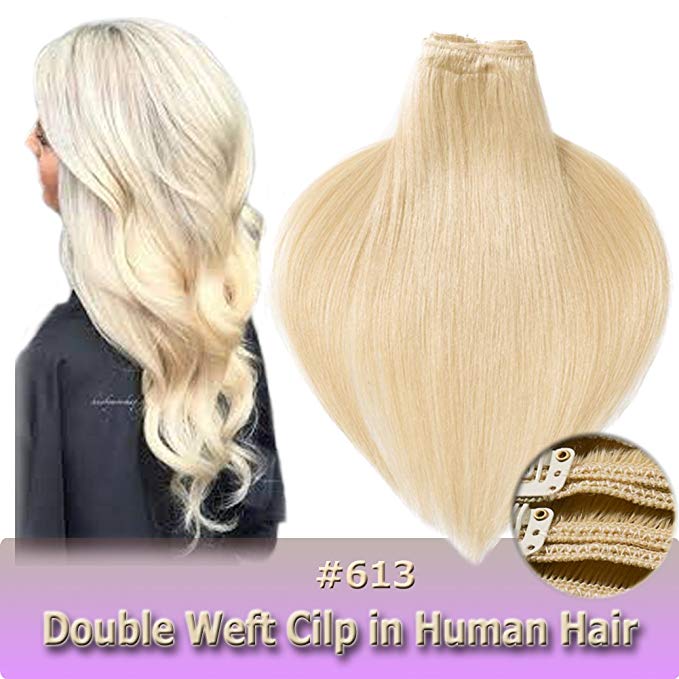 16 Inch/130g Clip in Human Hair Extensions Bleach Blonde Double Weft Thick 8pcs 18 clips on 8A Grade Soft Straight 100% Remy Hair (#613,16'')