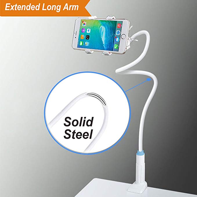 Cell Phone Clip on Stand Holder - with Grip Flexible Long Arm Gooseneck Bracket Mount Clamp for iPhone X/8/7/6/6s Plus Samsung S8/S7, used for bed, desktop (White)