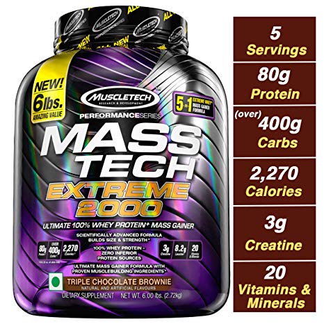Muscletech Performance Series Mass Tech Extreme 2000 (Post-Workout, 80g Protein, Over 400g Carbs, 2270 Calories, 3g Creatine) - 6 lbs (2.72 kg) (Triple Chocolate Brownie)