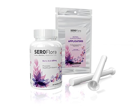 Boric Acid Vaginal Suppositories and Applicators SEROFlora , 28 Suppositories, 7 Applicators - pH Balance for Women - Feminine Care - Made in USA