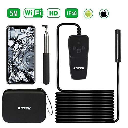 Wireless Endoscope,ROTEK WiFi Inspection Camera Waterproof IP68 Borescope 2.0 Megapixels 1080P HD Snake Camera with 8 LED Lights for IOS Android Smartphone, Tablet - 5 Meter
