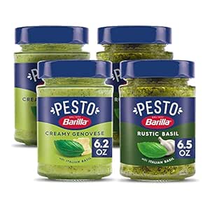 BARILLA Pesto Sauce Variety Pack (Pack of 4) - Rustic Basil Pesto (6.5 oz.) & Creamy Genovese Pesto (6.2 oz.) - Imported From Italy - Made with Fragrant Italian Basil & Freshly Grated Italian Cheeses