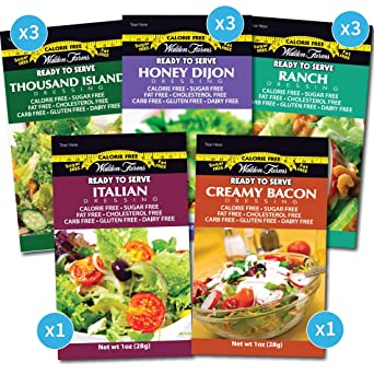 Walden Farms Salad Dressing Packets- Sampler Pack in Ready to Serve Calorie Free Flavors, 11-1 oz Pouches (Honey Dijon,Thousand Island,Ranch,Italian,Bacon)