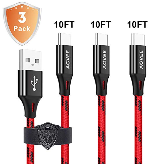 3A Heavy Duty USB C Cable Seamless End Tip Type C Charger Cord [3 Pack 10ft], Agvee Metal Shell, Braided Type C Charger, Fast Charging Cable for Samsung Galaxy S9 S8 Note 8 Black Red