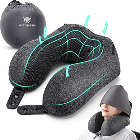 OVEYNERSIN Neck Memory Foam Travel Pillow Support Head Face Cover Ear And Eye Mask 3in1 Airplane Trip / Car Seat / Home Bed Sleeping Rest Soft Comfort Adjustable U Shaped Pillows for Adults Kids Black