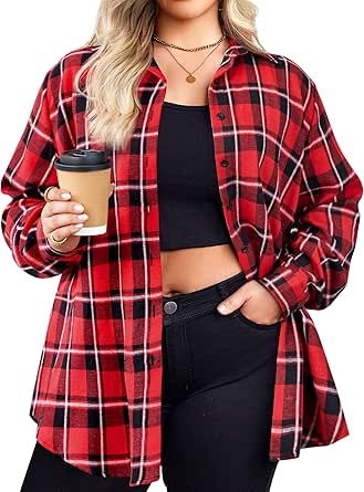 Zeagoo Womens Plus Size Flannel Shirt Plaid Shirts Long Sleeves Casual Button Down Collared Shacket Tops 16W-26W