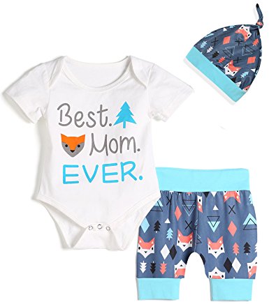 Fancidy Baby Boy Girl Happy Mother's Day Best Mom Ever Bodysuit Short Set with Hat