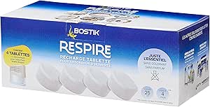 Bostik RESPIRE 4 Recharges Tablettes Déshumidificateur, Sans Colorant ni Parfum Maison, Appartement et Caravane, des Pièces Jusqu’à 25m², Recharges tabs 4x250g Absorbeur d’Humidité 30623618 Blanc