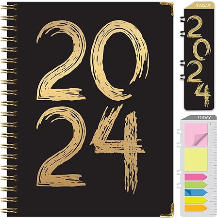 HARDCOVER 2024 Planner: (November 2023 Through December 2024) 8.5"x11" Daily Weekly Monthly Planner Yearly Agenda. Bookmark, Pocket Folder and Sticky Note Set (Black Gold Numbers (FOIL))
