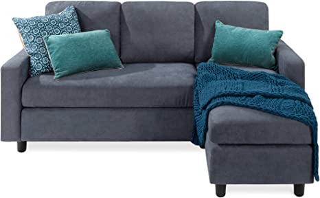 Best Choice Products Linen Sectional Sofa for Home, Apartment, Dorm, Bonus Room, Compact Spaces w/Chaise Lounge, 3-Seat, L-Shape Design, Reversible Ottoman Bench, 680lb Capacity - Blue/Gray