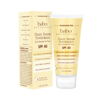 Babo Botanicals SPF 40 Daily Sheer Facial Sunscreen Unscented 17oz Best Natural Mineral Sunscreen Non-Nano Sensitive