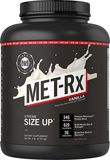 MET-Rx Size Up Gainer, Vanilla, 6 lb, Muscle Mass Gainer Supplement with High Protein (54 grams Per Serving), 81g of Carbohydrates and contains Glutamine, and Creatine, Whey Protein Base