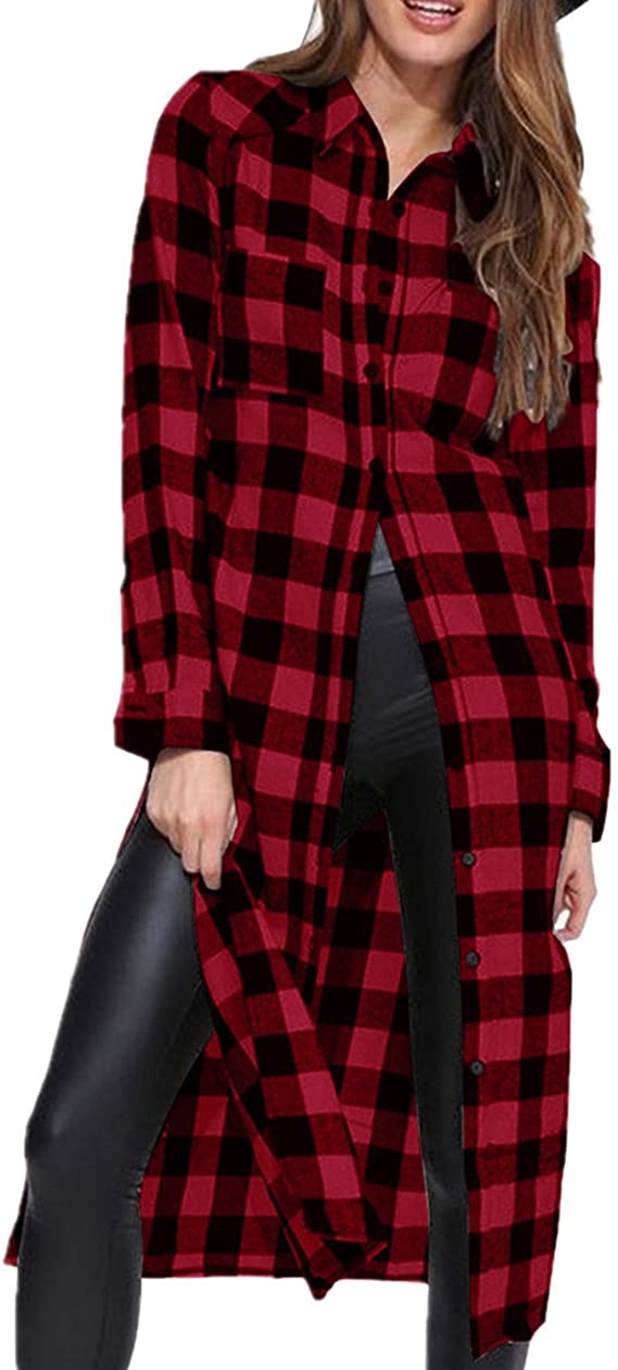 ZANZEA Women Long Flannel Tunic Plaid Long Sleeve Casual Button Down Shirts