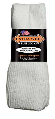 EXTRA-WIDE Tube Socks White Fit Shoes 9-15 Up to 6E 3-Pair Pack Diabetic For Shoe MADE IN USA