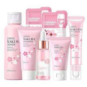 Skin Care Set Sakura Women Beauty Gift Sets Korean Skin Care Kit with Cleanser, Face Serum, Face Cream,Toner,Eye Cream,2Pcs Mud Mask - Skin Care Routine Kit for Women (SetC)