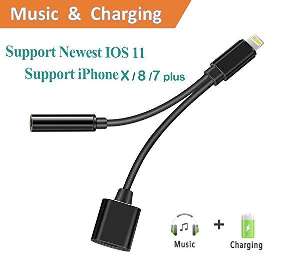 2 in 1 Lightning Adapter and Charger, Lightning to 3.5mm Aux Headphone Jack Audio Adapter for iphone X/8/8 plus/7/7 plus (Compatible with iOS 10.3, iOS11 or Later)(Black)