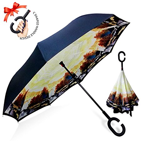 ZOMAKE Double Layer Inverted Umbrella Cars Reverse Umbrella, UV Protection Windproof Large Straight Umbrella for Car Rain Outdoor With C-Shaped Handle